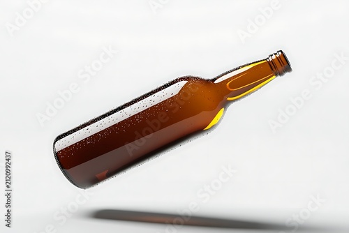 Floating Brown Glass Beer Bottle on White Background.