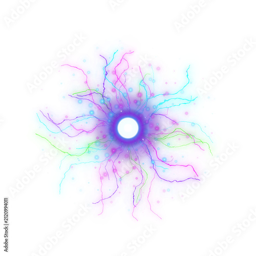 Abstract glowing plasma energy sphere with colorful electric lightning bolts
