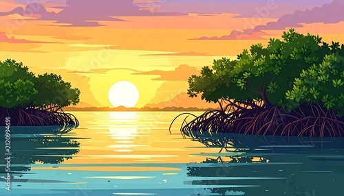 Sunset over mangrove forest with golden reflections on water.