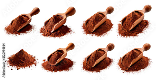 Food Photography. Cocoa Powder. Wooden Scoop, Pile, Isolated., isolated transparent background
