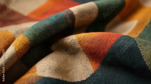 Close-up of a multicolored woven fabric displaying intricate texture and overlapping geometric patterns in warm and cool tones.