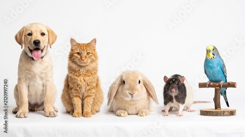 Cute Domestic Pets Collection Including Dog, Cat, Rabbit, Rat and Budgerigar Isolated on White Background