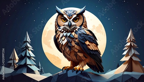 Majestic Owl Perched Under Full Moon in Forest.