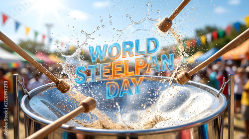 World Steelpan Day celebration with musical instrument and water splash effect.