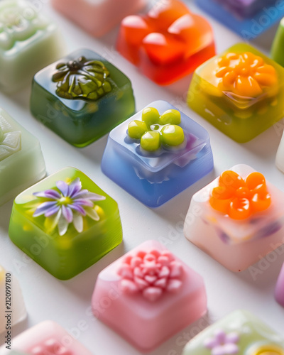 Macro photography of colorful miniature Japanese wagashi desserts shaped like small cubes with embedded flower designs