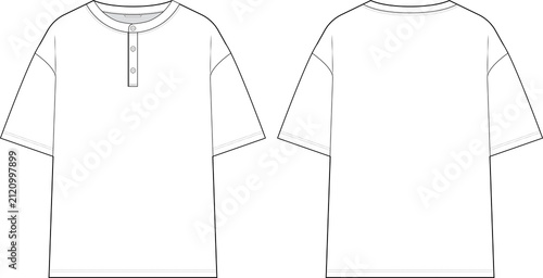 Drop Shoulder Henley Neck Short Sleeve T Shirt Fashion Flat Sketch Front and Back Technical Drawing on Transparent Background