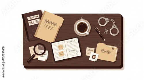 Detective Desk Top View With Case Files And Magnifying Glass
