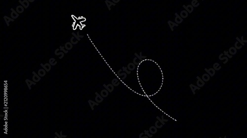 Minimalist airplane icon tracing a whimsical dotted flight path against a stark black background, symbolizing air travel, journey, and the freedom of adventure and exploration 4K