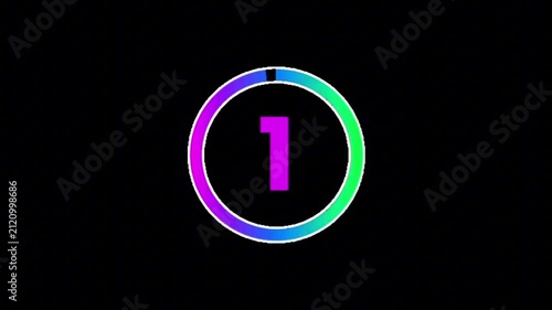 Digital countdown timer with a vibrant gradient circle displaying the number one on a black background, signaling the start or first stage of a sequence or event 4K