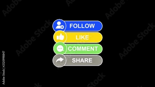 Essential set of interactive digital buttons for social media engagement, facilitating core user actions like following, liking, commenting, and sharing content 4K