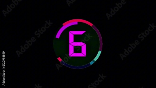 Vibrant digital countdown number six in a dynamic, glowing neon style with a segmented circular frame, set against a dark, minimalist background, ideal for modern tech themes 4K