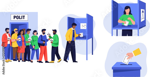 Diverse citizens participating in a democratic election process at a public polling station