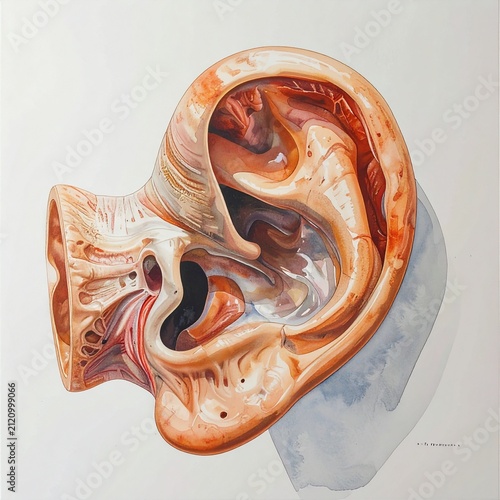 Detailed anatomical illustration of human ear structure.
