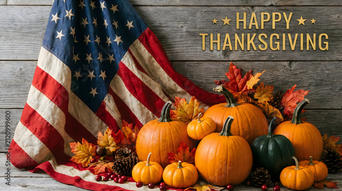 Happy thanksgiving rustic display featuring miniature pumpkins colorful fall leaves american flag pine cones berries on weathered wooden background surface with gold lettering.