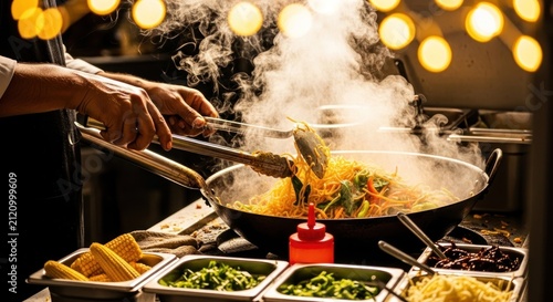Culinary expert skillfully preparing a vibrant noodle dish in a steaming wok with fresh ingredients and festive lights in the background