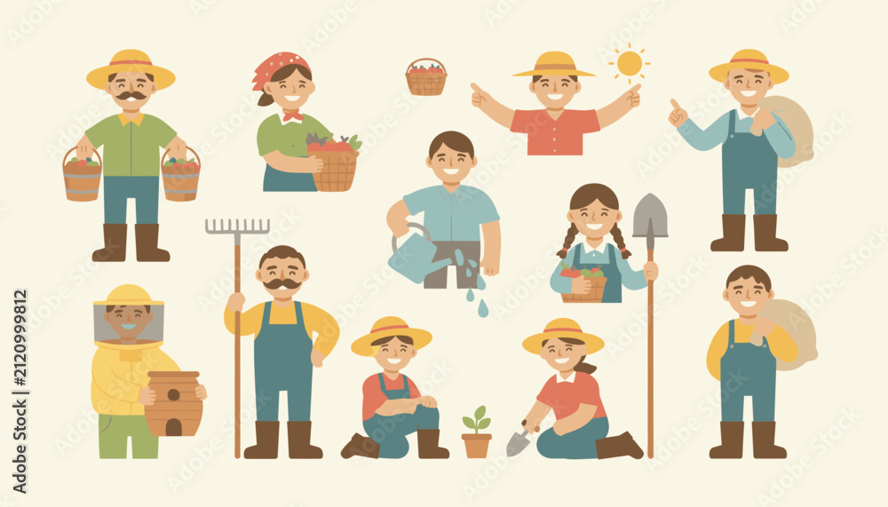 Fototapeta premium Cute cartoon characters of diverse farmers, gardeners, and beekeepers holding various tools like rakes, baskets, and shovels.