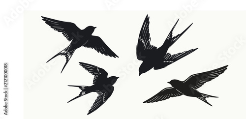 Flying swallow bird silhouettes in hand drawn sketch style for minimalist nature designs