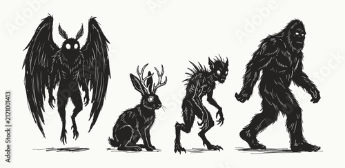 Hand Drawn Ink Illustration of Mythical Cryptids and Urban Legend Folklore Monsters