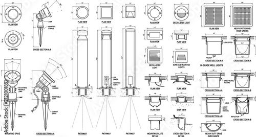 Detailed Technical Drawing of Outdoor Lighting Fixtures and Installation Components