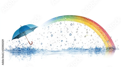 Umbrella and Rainbow Shower: A blue umbrella bravely shelters from a whimsical shower of water droplets, as a vibrant rainbow arches gracefully in the background, symbolizing hope and resilience.