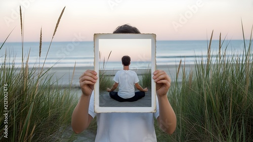 Person holding photo frame in nature
