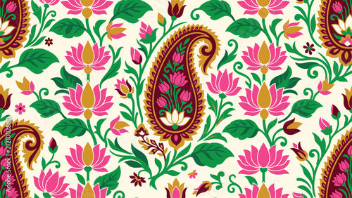 Seamless paisley floral pattern textile design with pink lotus blooms and green leaves. Flat vector illustration EPS 10.