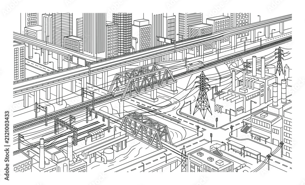 Obraz premium Complex industrial city landscape with bridges and trains