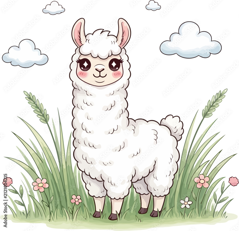 Fototapeta premium Cute cartoon white llama standing in tall green grass under blue clouds vector art illustration