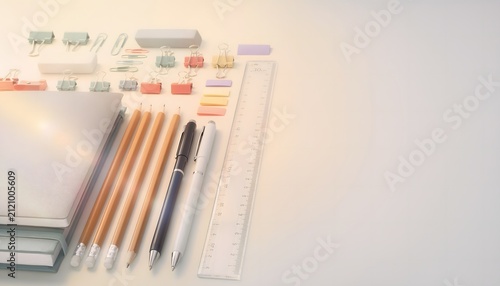 Material escolar con cuadernos, lápices, bolígrafos, regla y gomas ordenado sobre un fondo blanco con espacio para texto
