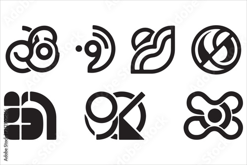 Seven Abstract Black Geometric Symbols And Icons On White Background black and white