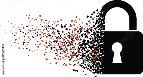 Bild auf Leinwand Broken Padlock Security Concept with Disintegrating Fragments and Cyber Protect