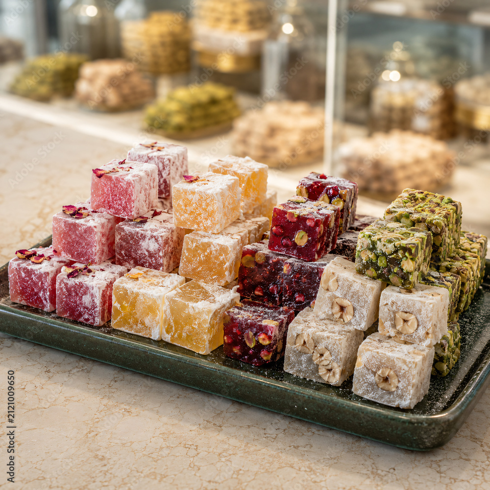Fototapeta premium Turkish Delight Lokum with Rose, Pistachio and Pomegranate