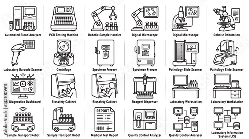 Canvas Print Laboratory automation icons set, 24 medical diagnostic equipment line vectors, r