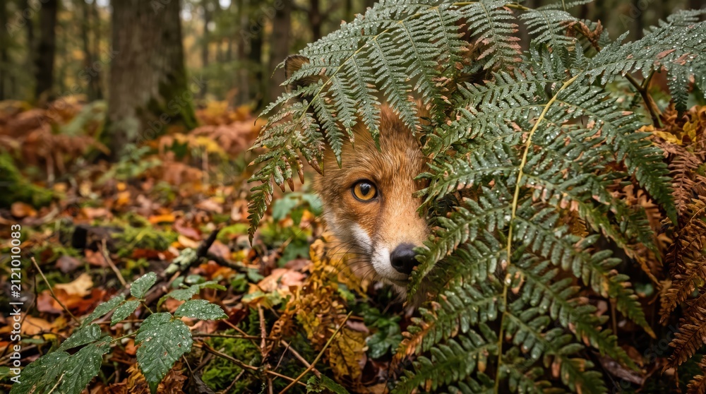 Fototapeta premium Red fox peering from under fern fronds on damp autumn forest floor demonstrating camouflage and cautious wildlife behavior in natural woodland setting