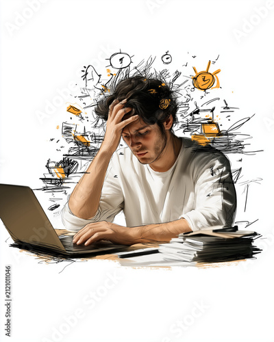 Overwhelmed by Overload: A young man clutches his head in distress, hunched over a laptop amidst a chaotic swirl of abstract thoughts and unfinished tasks.
