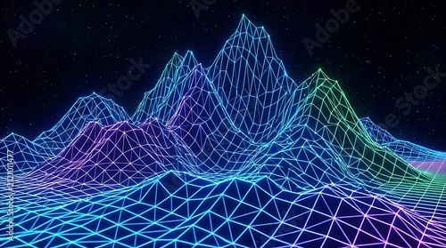 Abstract digital landscape with neon wireframe mountain peaks