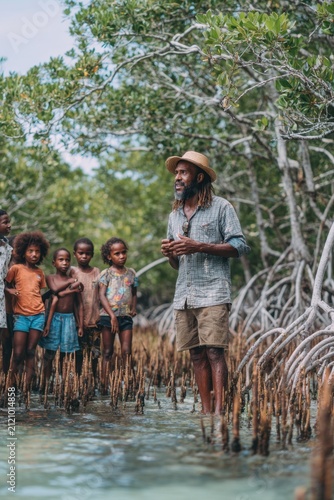Indigenous community leader guides children through mangrove forest during a community learning session on the importance of nature and environmental stewardship in their local area