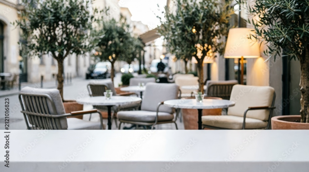 Fototapeta premium Outdoor Café Seating with Olive Trees and Warm Lighting for Lifestyle Design