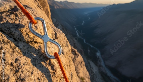 Climbing equipment with figure eight belay device and orange rope set for rappelling down cliff in mountain canyon for outdoor adventure sports activities concept