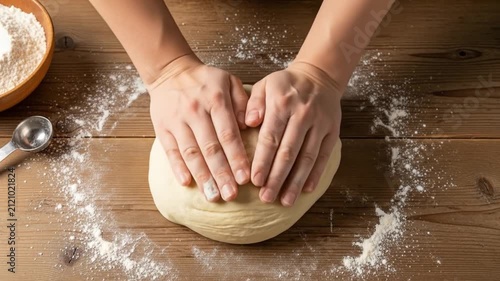 Hands press dough on a floured wooden surface next to a bowl of flour and a measuring spoon