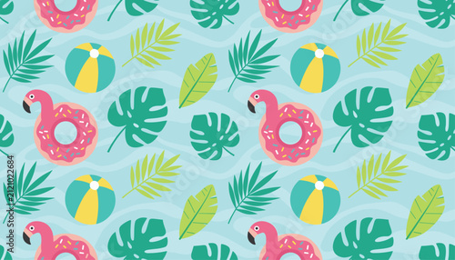 Seamless summer pattern of pink flamingo inflatable pool floats, colorful beach balls, and tropical palm leaves.