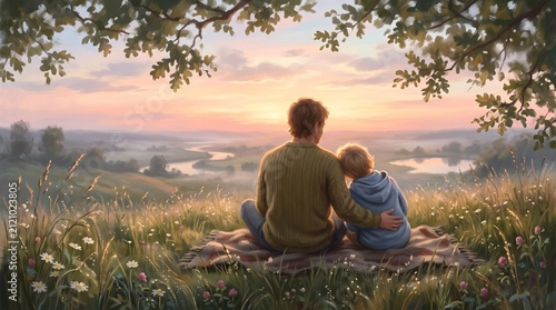 Two Brothers Sitting Together on a Meadow at Sunset, Enjoying a Peaceful Countryside Landscape