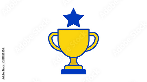 Quadro su tela Minimalist trophy cup line icon vector isolated on white background, flat yellow champion award symbol with a blue star for sports or business victory