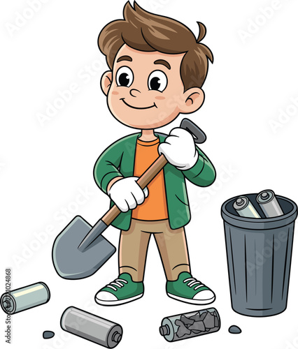 фотографія Happy boy holding a shovel while cleaning up discarded batteries near a trash bi