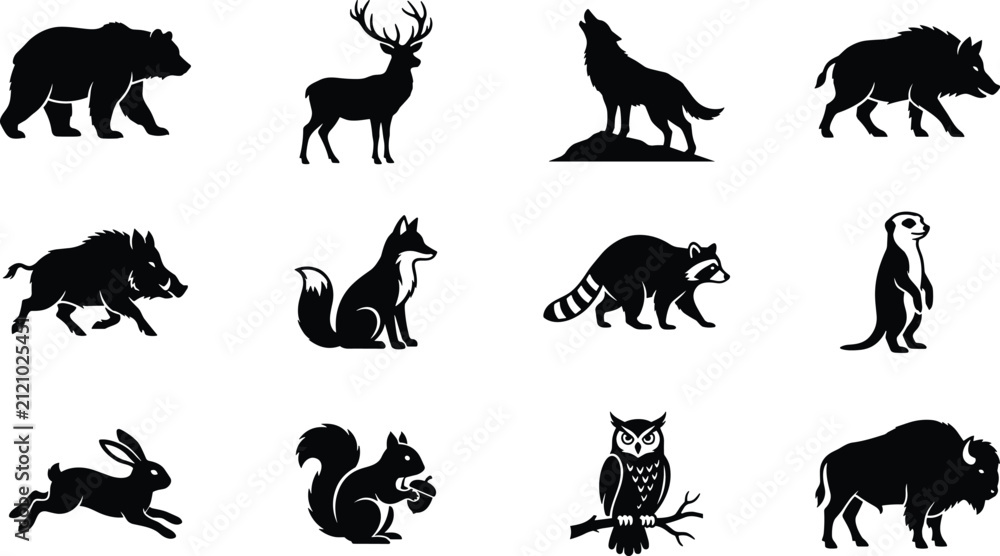 Obraz premium Distinctive Wildlife Black Silhouette Graphic Asset Collection Comprising Charging Boar Howling Wolf Sitting Fox Running Rabbit Alert Meerkat and Horned Buffalo Emblems