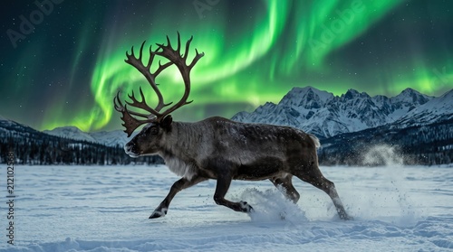 Reindeer running across snowy plain with powerful antlers under swirling green aurora and rugged mountain backdrop  dynamic motion in arctic winter night