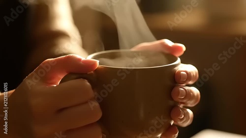 Close-up of hands holding a warm steaming mug of coffee or tea in a cozy atmosphere with soft lighting
