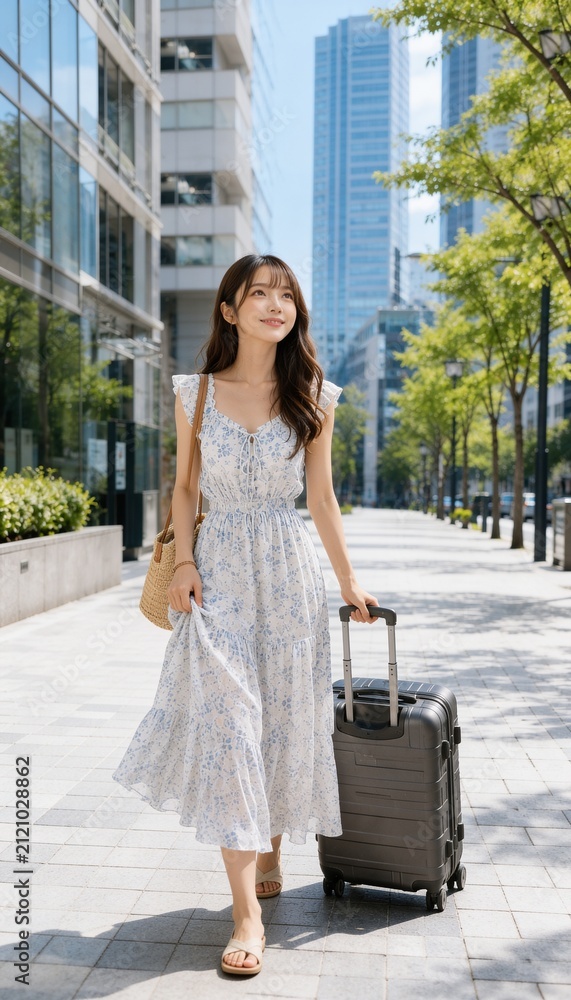 Fototapeta premium スーツケースを引いて夏の街から旅行へ出発する若い女性