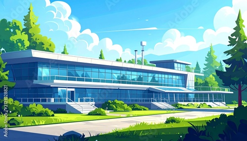Modern Glass Office Building in Green Park Setting.