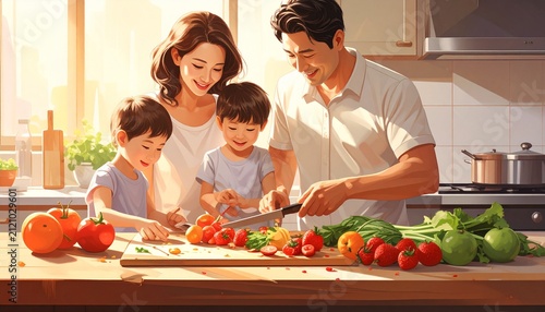 Happy family preparing fresh vegetables together in kitchen.